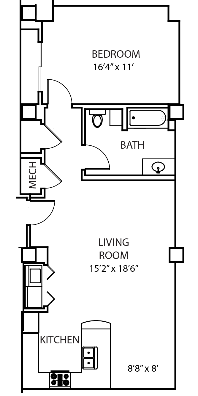Floor plan for 1 bed, 1 bath, 905 sqft